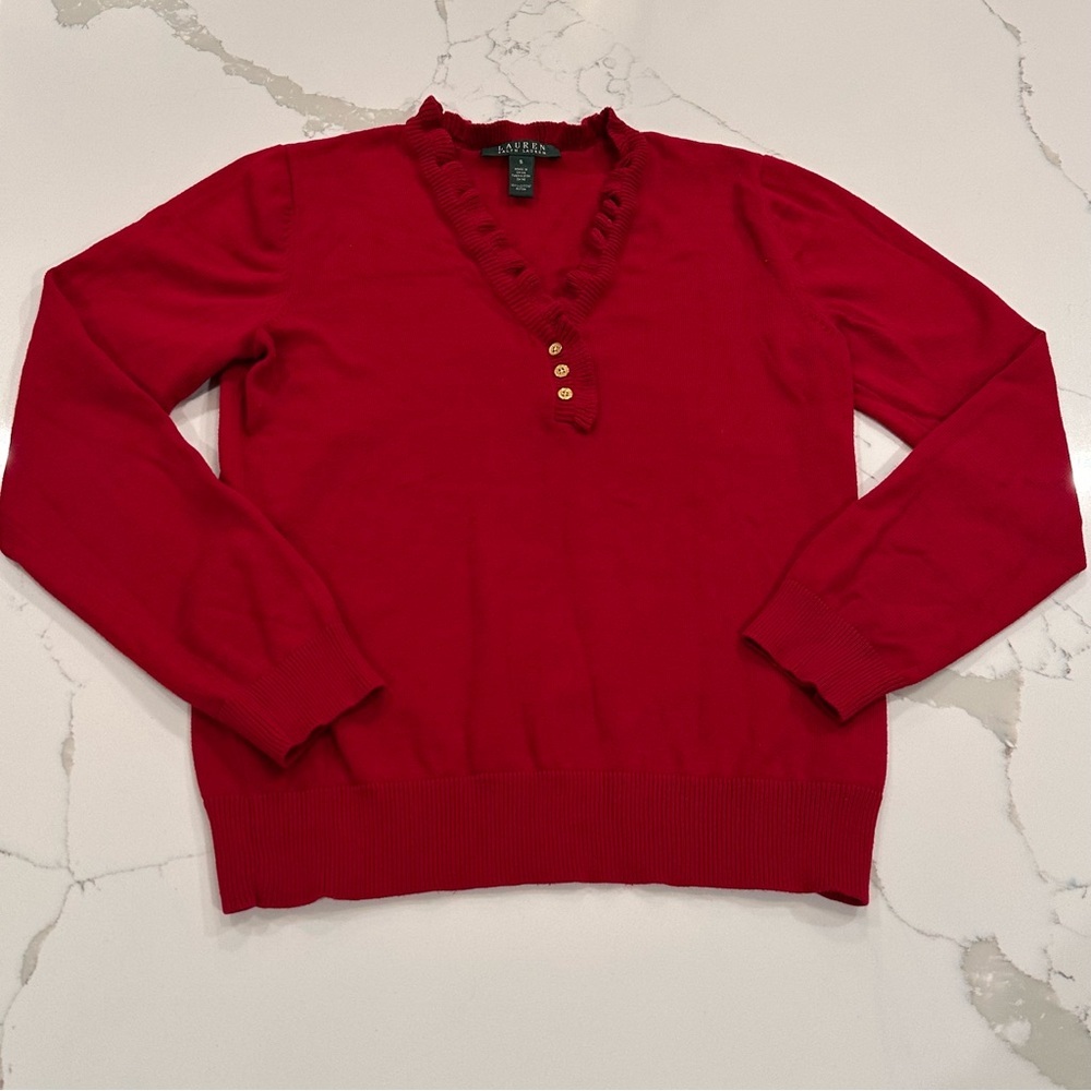 VTG Lauren Ralph Lauren Red Ruffle Sweater Vneck Sz S Old Money Heritage Holiday